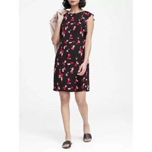 Banana Republic Black Red Floral Flutter Sleeve Shift Dress POCKETS! Sz 12 NWT!!